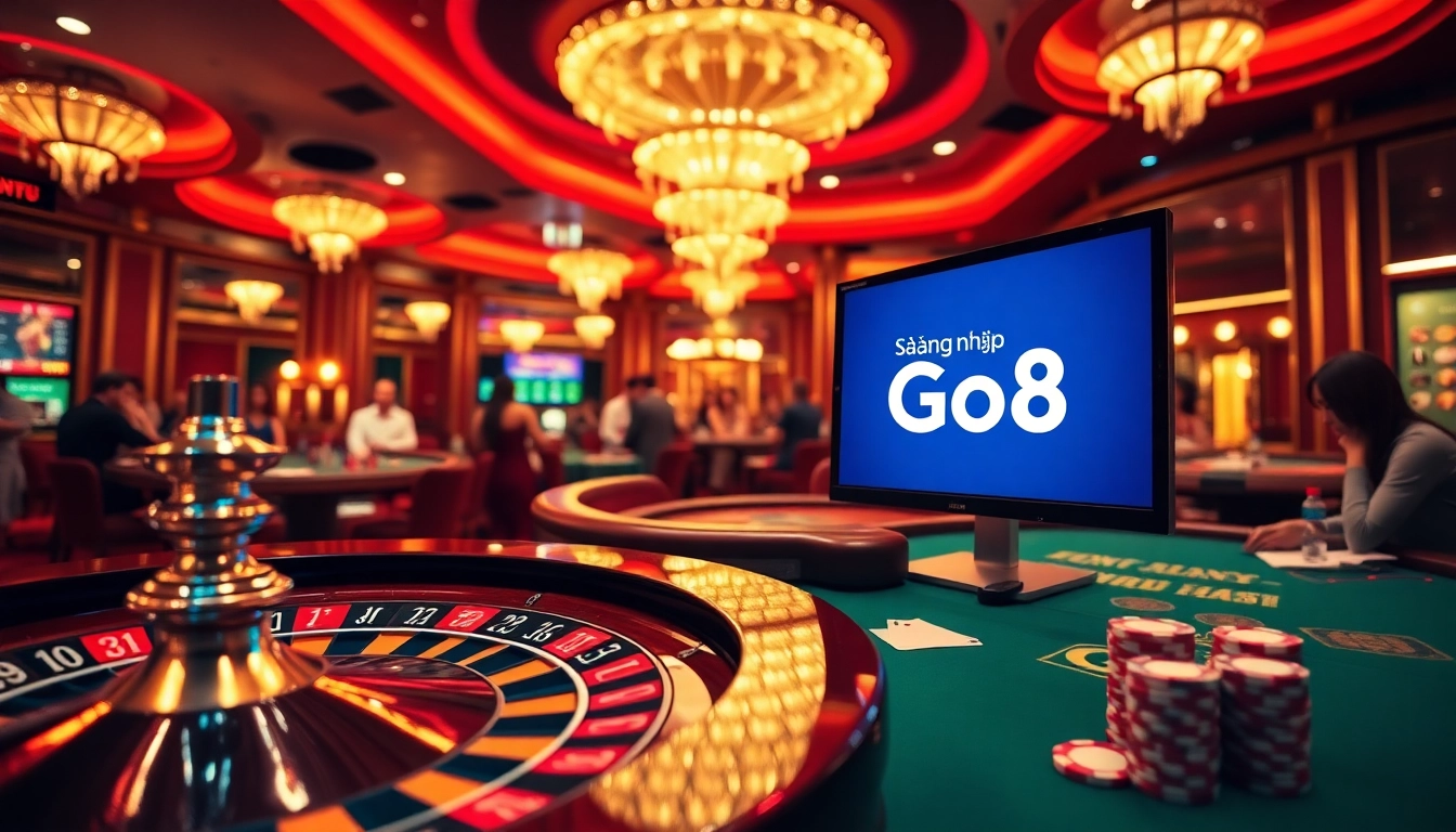 Experience the excitement of đăng nhập Go8 in a luxurious casino setting with roulette and poker tables.