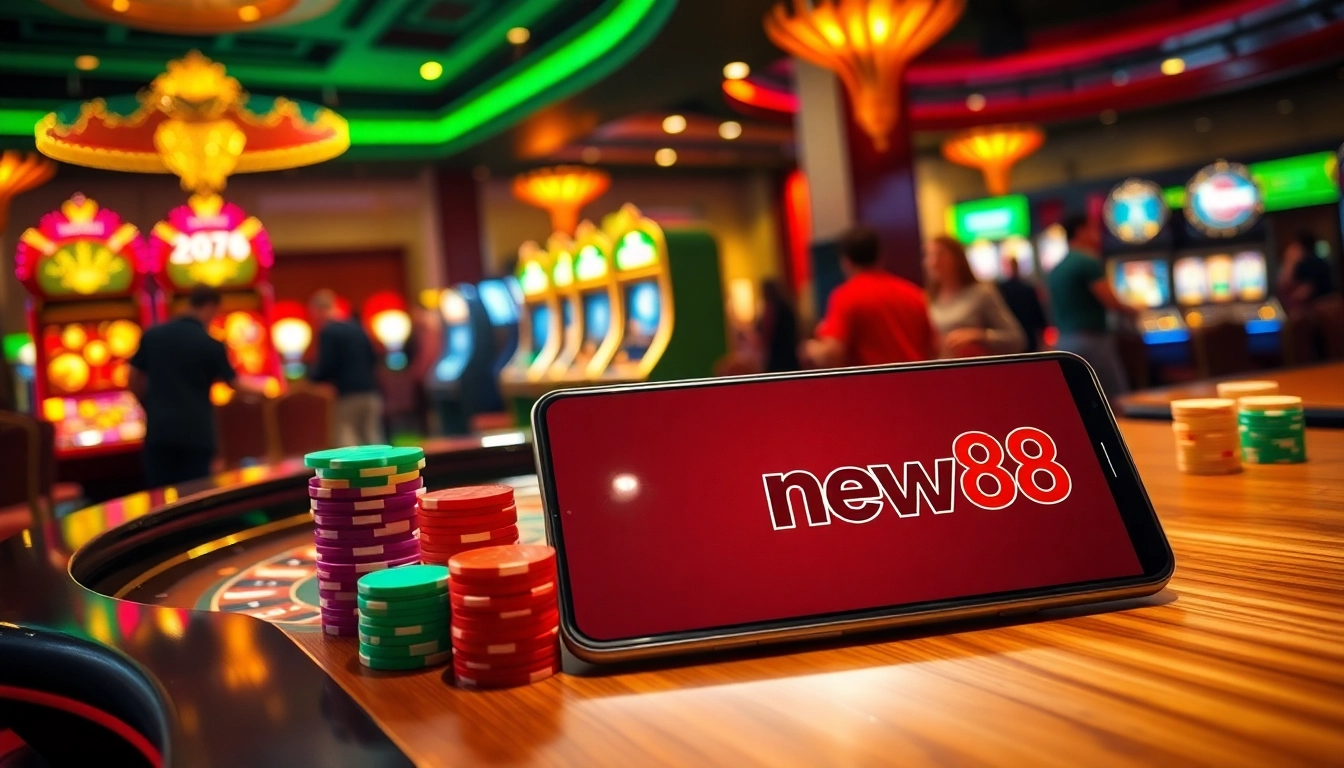 Experience the thrill of gambling at new88.com with vibrant roulette and slot machines lighting up the casino atmosphere.