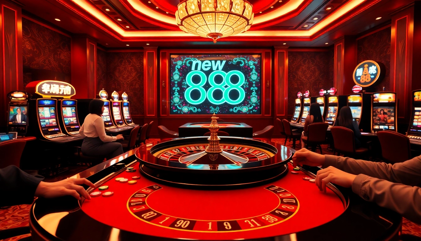 Experience the vibrant excitement of a casino with players engaged in games, featuring the iconic brand new 88 within the lively atmosphere.