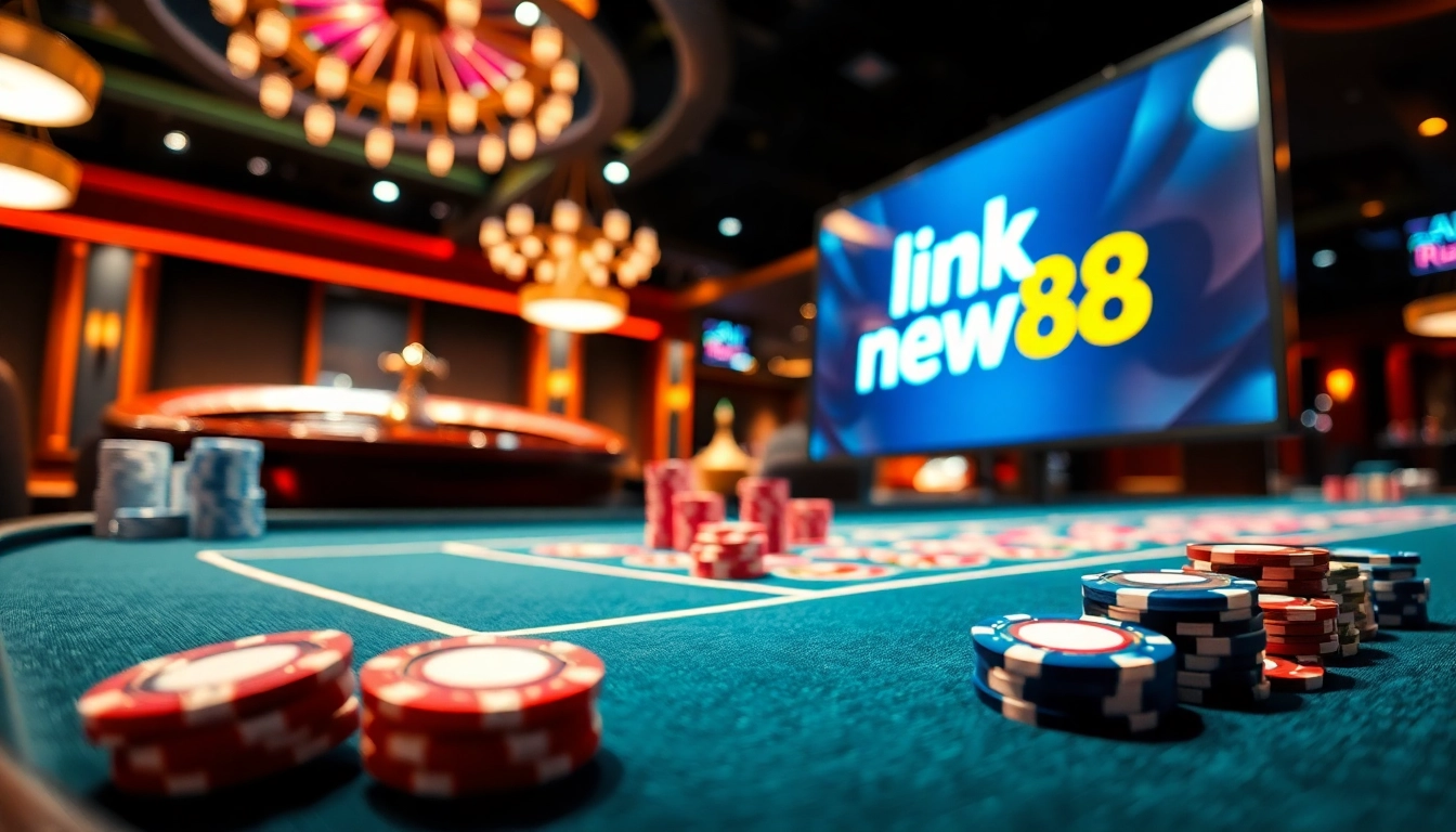Experience thrill with link new88 at a vibrant casino table featuring dazzling chips and a glamorous roulette wheel.