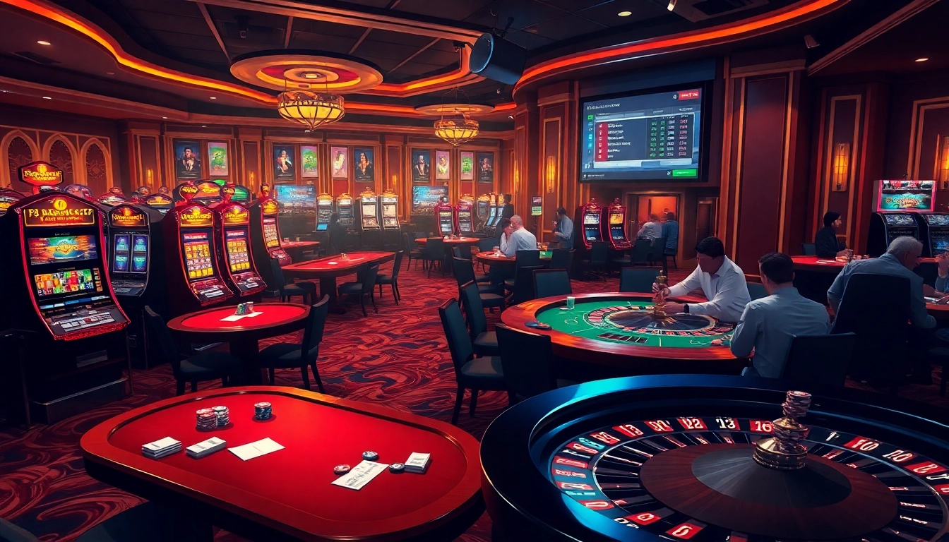 Players enjoying live games at an upscale casino, exploring f8bet.com for online betting options.
